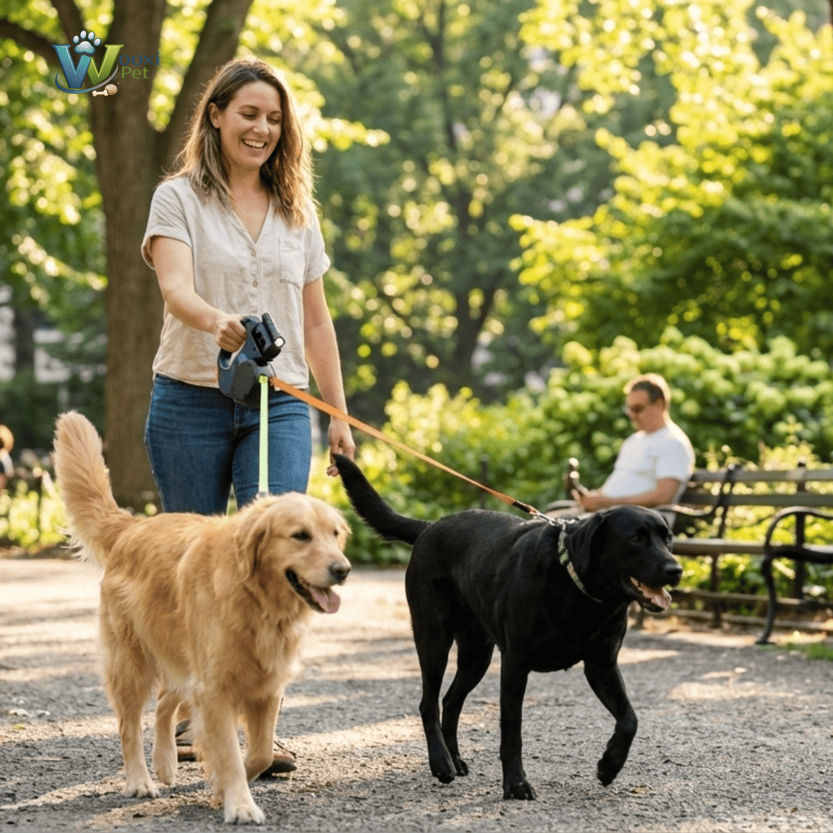 Mujer paseando dos perros con la correa doble Wooxi